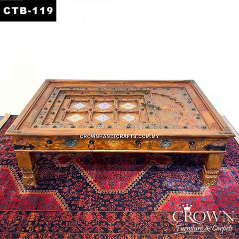 Antique Indian Haveli Door Style Fusion with Hand Paint  Boho Accent, Featured with Hand Carving and Brass Metal Ornaments, Solid Wood Coffee Table for Living Room | CTB-119 (L56 W37.5 H18 Inches)