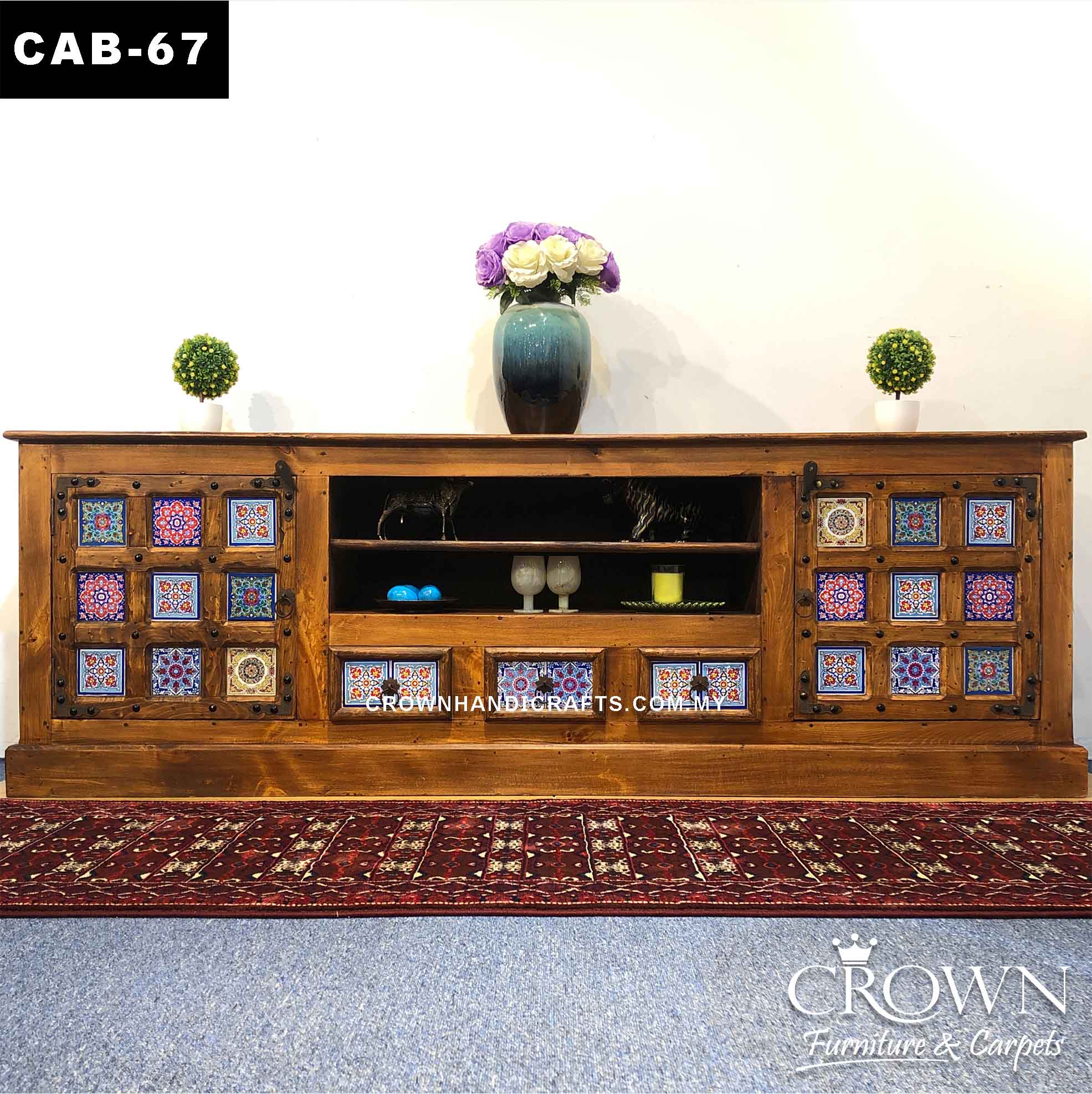 Rustic Bold Accent TV Cabinet, Bohemian Fusion Art Solid Wood Furniture in Malaysia | CAB-67 (L87.5 W19.5 H30 Inches)