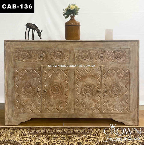 Amazing Limewash Indian Cabinet For Living Room Antique Style | Solid Wood Teak Shop in Kuala Lumpur Malaysia | CAB-136 (L54 W18 H35.5 Inches)