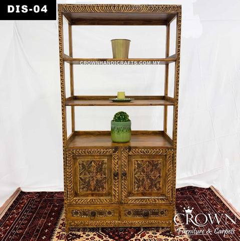 Vintage Style Aesthetic Display and Bookshelf with 2 doors and 2 drawers for extra storage | Hand Carved by Artisan | DIS-04 (L36 W18 H72 Inches)