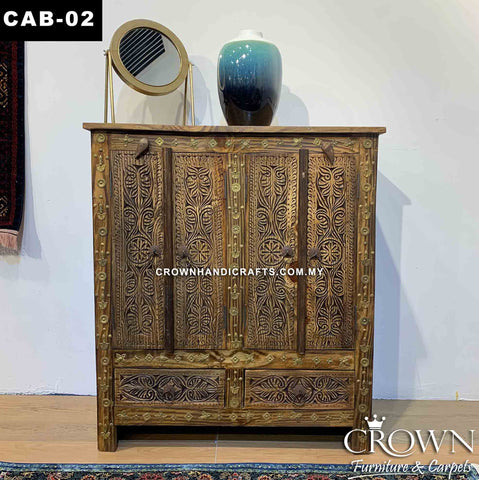 Solid Wood Antique Style Cabinet with 2 Doors 2 Drawers Brass Accents, Ideal Living Room Furniture Teak Cabinet in Kuala Lumpur | CAB-02 (L37 W16 H42 Inches)