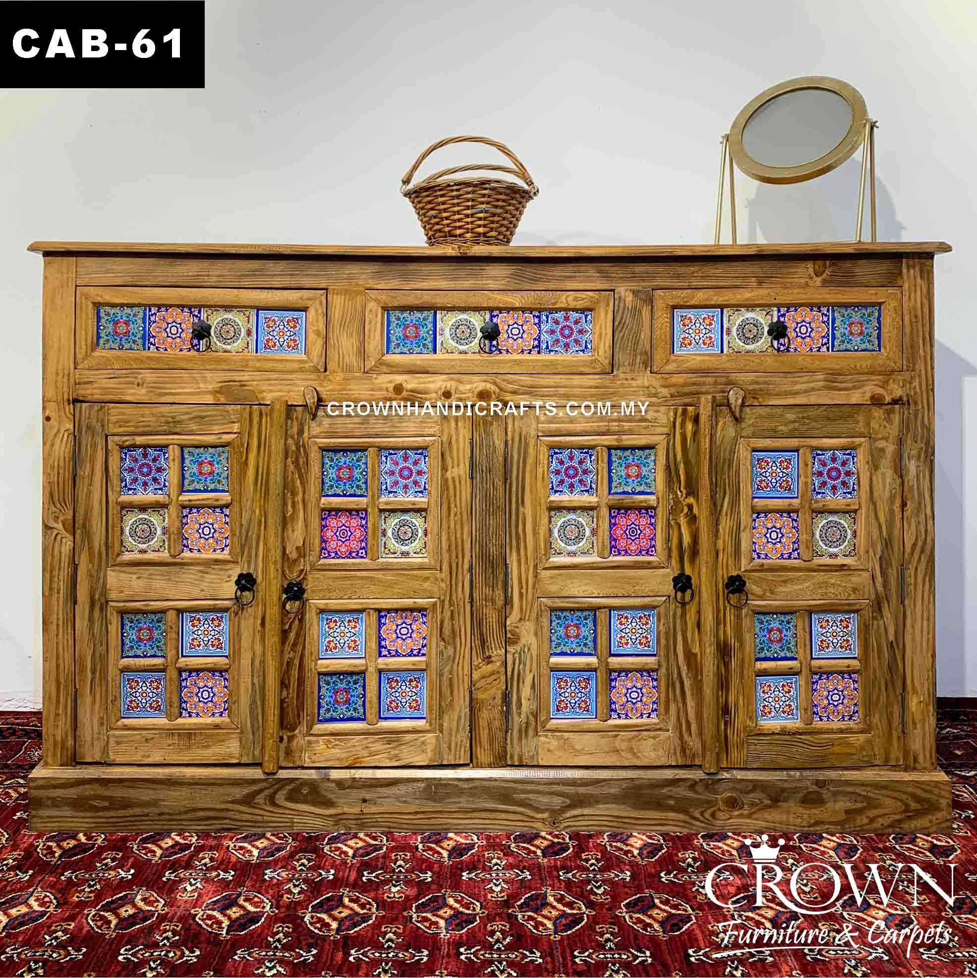 High Sideboard Cabinet Credenza Boho Color Accent Painted by Artisans | Living Room Wooden Furniture in Malaysia | CAB-61 (L69 W17 H47 Inches)