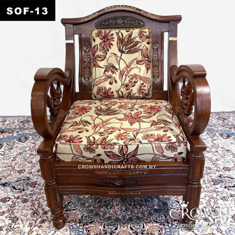 Wooden King Design Single Seater with Fabric cushion | SOF-13 (L26 W24 H37 Inches)