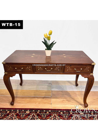 Solid Wood Study Table 4ft, Victorian Inspired Legs along with 3 Drawers | Exquisite Craft of Brass Inlay for Premium Touch | Office Table Solid Wood | WTB-15 (L47.5 W23.7 H30.5 Inches)