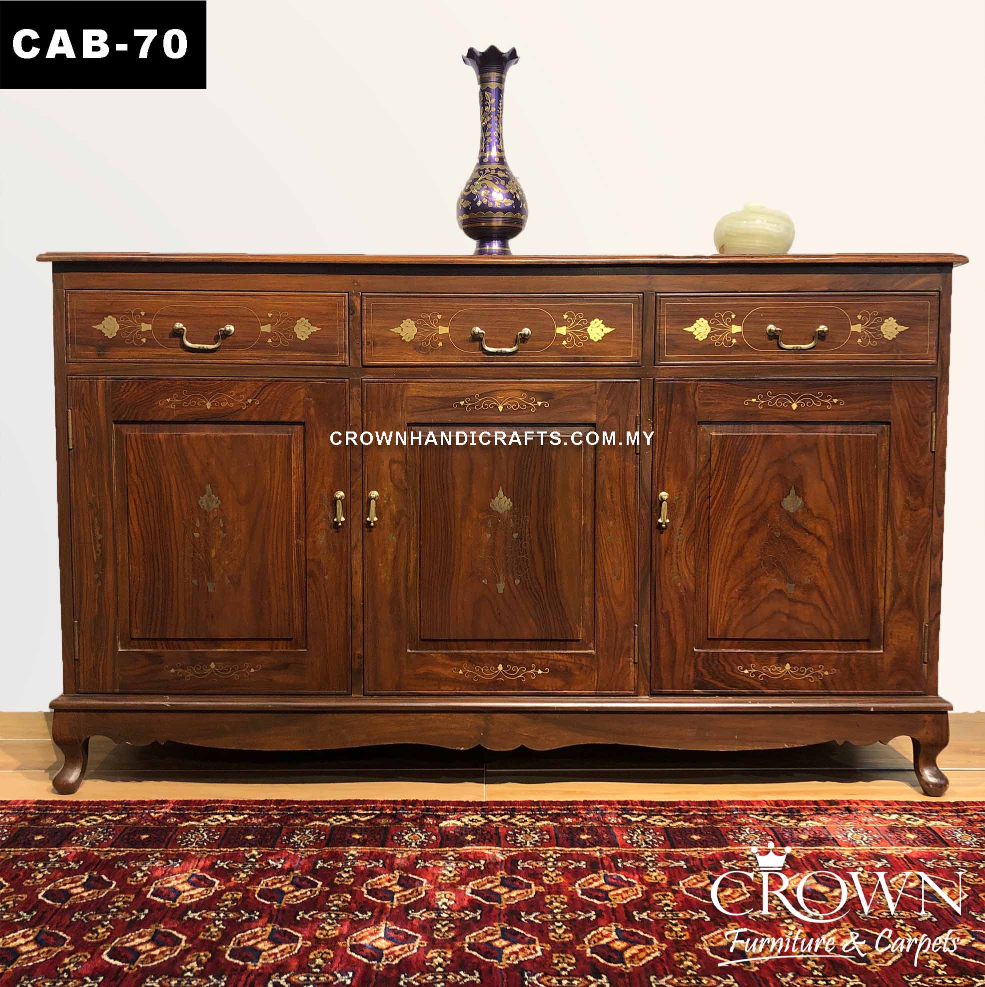 Beautiful Sideboard Cabinet Brass In-laid by Artisan, Spacious and Essential Living Room Teak Wood Furniture in Malaysia | CAB-70 (L60 W18 H36 Inches)