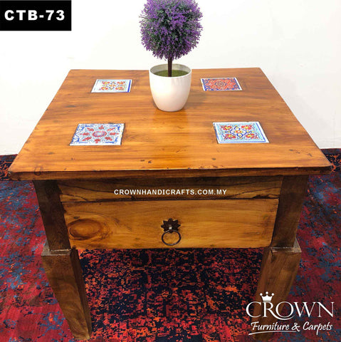 End Table with 1 Drawer, Featured with Hand Painted Boho Accent, Solid Wood Table in Malaysia | CTB-73 (L22.5 W22.5 H22 Inches)
