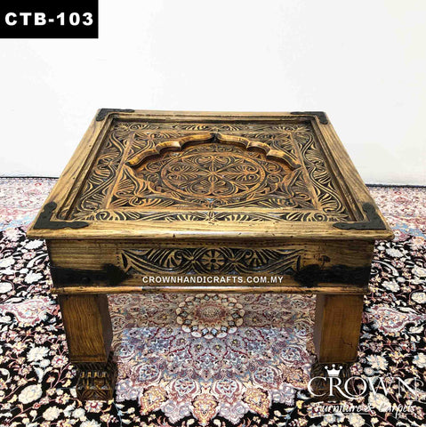 Side Table Antique Style, Hand Carved and Accent Metal Corners, Solid Wood Table | CTB-103 (L24.5 W24.5 H17.5 Inches)