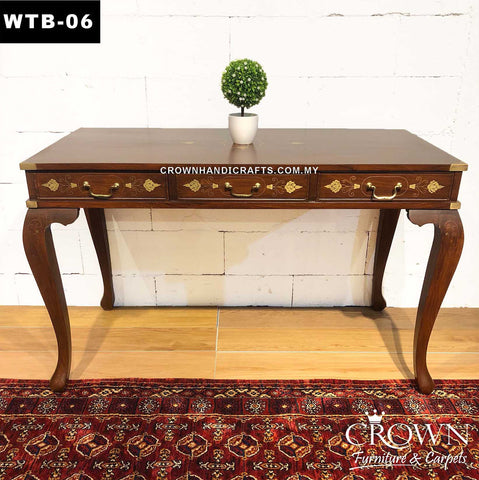 Solid Wood Study Table 4ft, Victorian Inspired Legs along with 3 Drawers | Exquisite Craft of Brass Inlay for Premium Touch | Exclusive Office Table in Solid Wood | WTB-06 (L48 W24 H30 Inches)