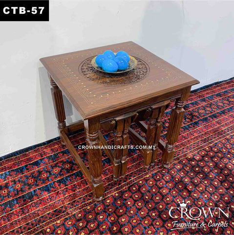 Amazing 2-stool Slot in out Style Side Coffee Table, Perfect for Multiple usage in Living Room, Solid Wood Table, Accent with Hand Carving and Brass inlay | CTB-57 (L20 W20 H21 Inches)