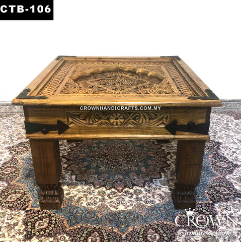 Side Table Antique Style, Hand Carved and Accent Metal Corners, Solid Wood Table | CTB-106 (L24.5 W24.5 H17 Inches)