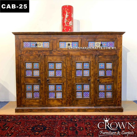 High Sideboard Buffet Cabinet Rustic Wooden Style with Bold Signature Bohemian Color Art Painted by Artisans | Solid Wood Teak Furniture Shop in Kuala Lumpur | CAB-25 (L69 W18 H50 Inches)