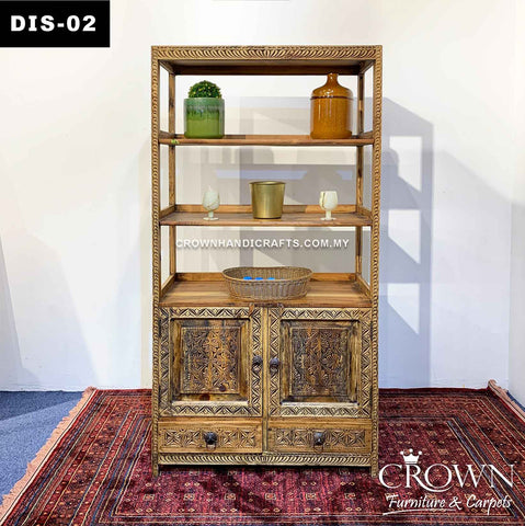 Vintage Style Aesthetic Display Cabinet and Bookshelf with 2 doors and 2 drawers for extra storage | Hand Carved by Artisan | DIS-02 (L36 W18 H72 Inches)