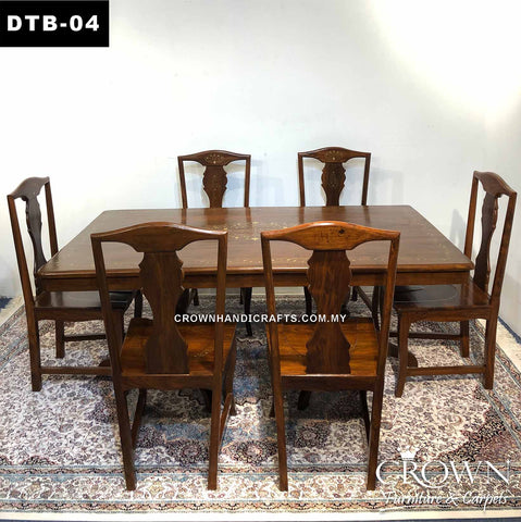 Solid Wood Dining Table 6-seater, Accent with Brass inlay on Border and Centre Medalian | DTB-04 (L72 W42 H30 Inches)