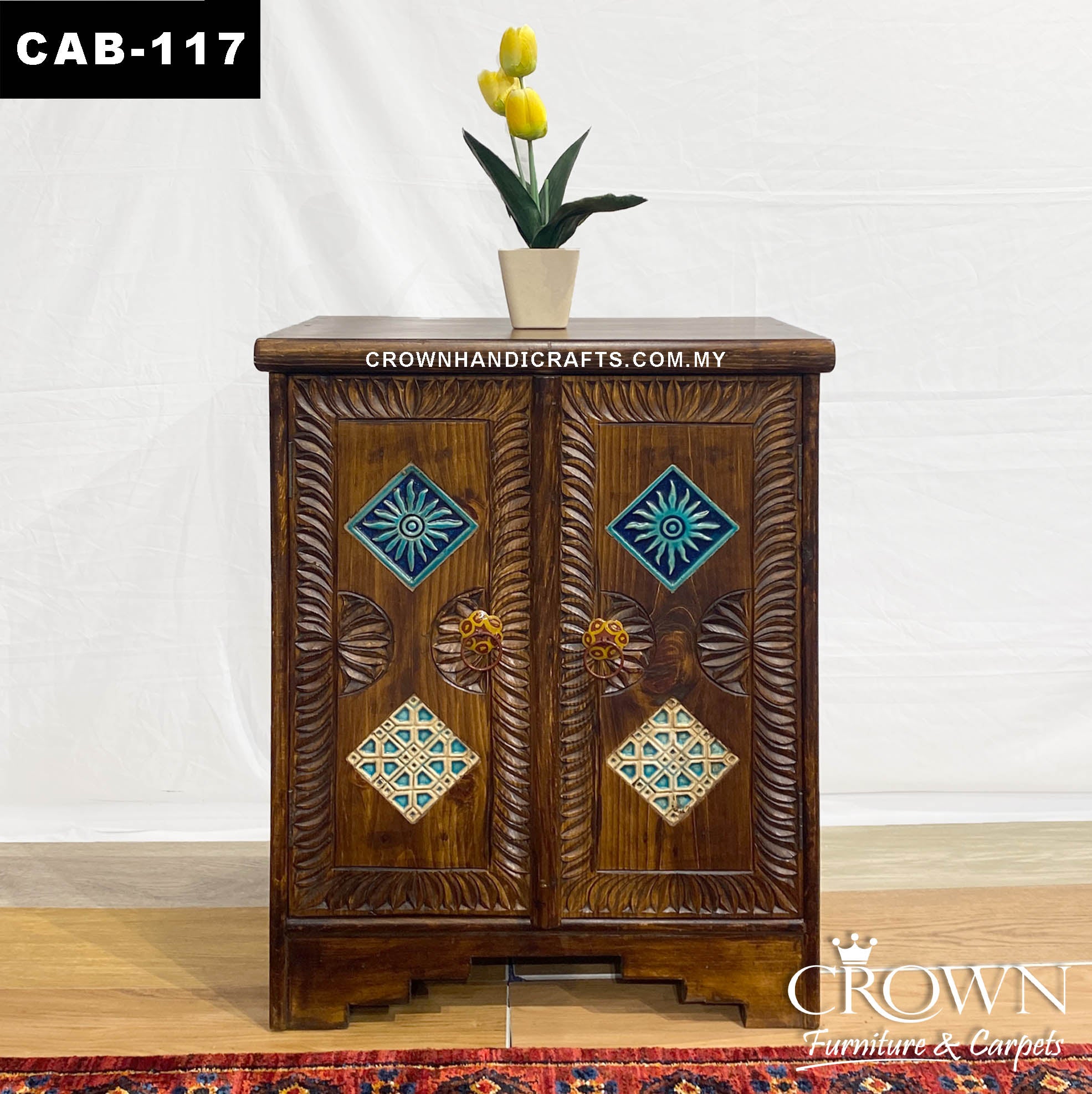 Solid Wood Cabinet-Moroccan Accent Style with 2 Door Hand Carved | CAB-117 (L24 W15.8 H30 Inches)