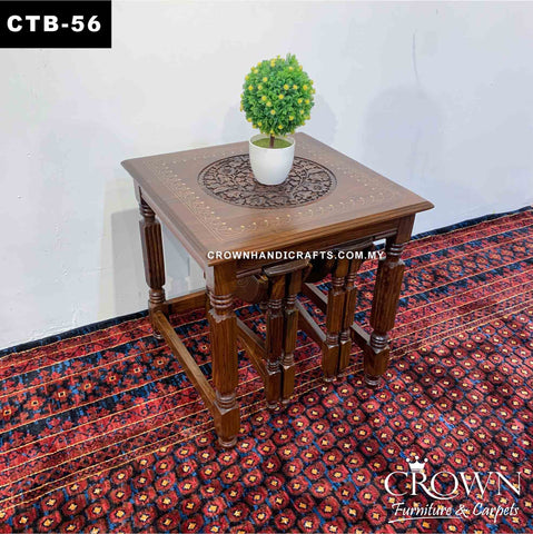 Amazing 2-stool Slot in out Style Side Coffee Table, Perfect for Multiple usage in Living Room, Solid Wood Table, Accent with Hand Carving and Brass inlay | CTB-56 (L20 W20 H21 Inches)