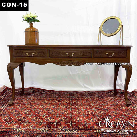 Beautiful Long Console Table th Hand Carving and Brass Inlay | Victorian Style Legs alonng with 3 drawers | CON-15 (L60 W19 H30 Inches)