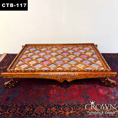 Low Height Indian Coffee Table, Boho theme Hand Painted Tiles along with Brass Ornament Accent Solid Wood Coffee Table for Living Room | CTB-117 (L59 W35 H11.2 Inches)