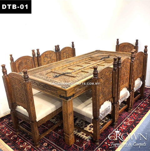Dining Table Antique Indian Haveli Palace Door Design, Featured with Hand Carving and Metal Latch Accent | Solid Wood Dining Table accommodates 6 to 8 chairs | DTB-01 (L84 W48 H30 Inches)