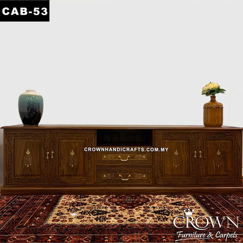 Long TV Cabinet Solid Wood Hand Carved and Brass in-laid Furniture Shop in Malaysia | CAB-53 (L83 W18 H23 Inches)