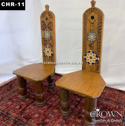 A Pair of Tri-Chairs with a Crown| Blend of Artistic Hand Carving and Vibrant Hand Painting for an Eclectic Charm | Perfect for Living Room Decor | CHR-11 (L22 W19 H48 Inches)