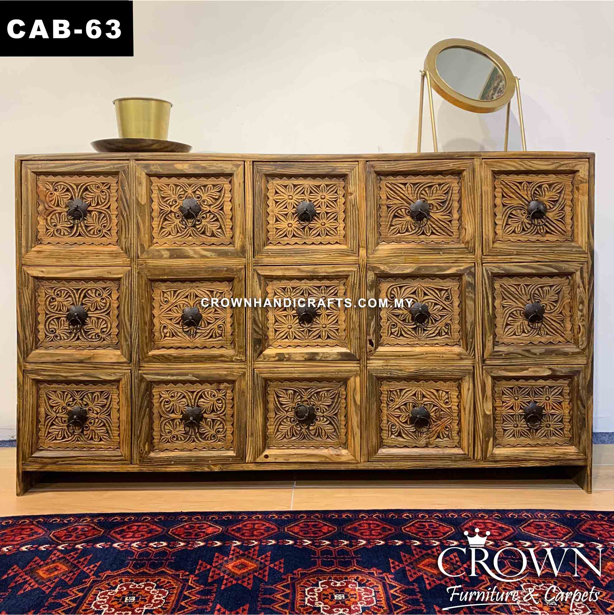 Vintage Style Cabinet 15 Drawers Hand Carved Antique Metal Accent Knobs, Create Your Home Impression with Style! Solid Wood Furniture Shop in Malaysia | CAB-63 (L60 W18 H36 Inches)