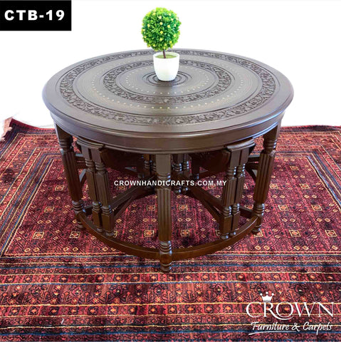 Round Japanese Style 6-stool Slot in out Coffee Table, Perfect for Multiple usage in Living Room, Solid Wood Table, Accent with Hand Carving and Brass inlay | CTB-19 (D37 H24 Inches)