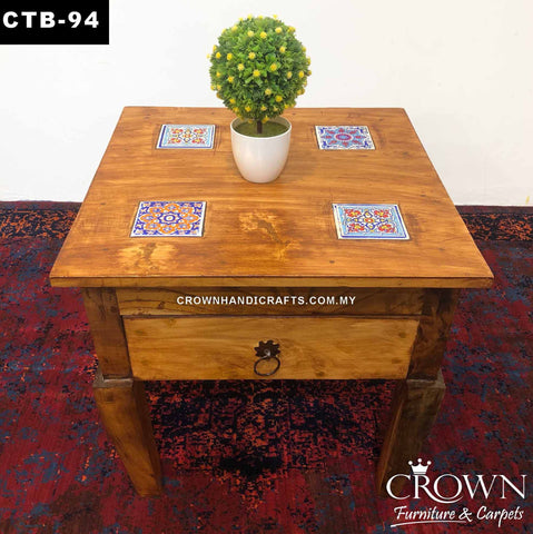 End Table with 1 Drawer, Featured with Hand Painted Boho Accent, Solid Wood Table in Malaysia | CTB-94 (L22.5 W22.5 H22 Inches)