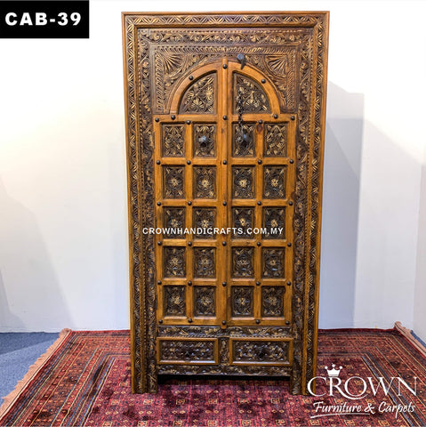 Almirah Cabinet Antique Indian Palace Haveli Style Door Accent Metal Ornament, Solid Wood Vintage Furniture Shop in Malaysia | CAB-39 (L36 W18 H72 Inches)
