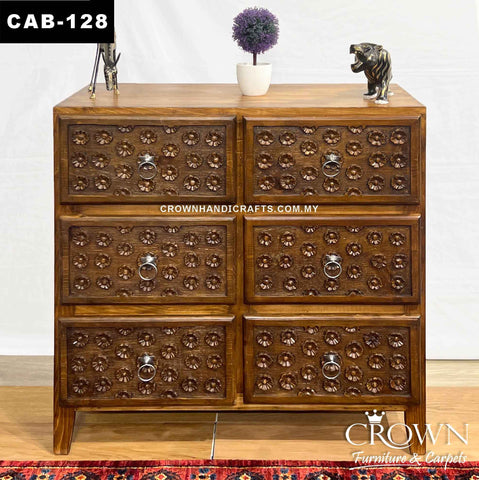 Solid Wood Cabinet Rustic Style Hand Carved Floral Buff with 6 Drawers, Antique Wood Furniture Indian Teak Cabinet in Malaysia | CAB-128 (L36 W18 H36 Inches)