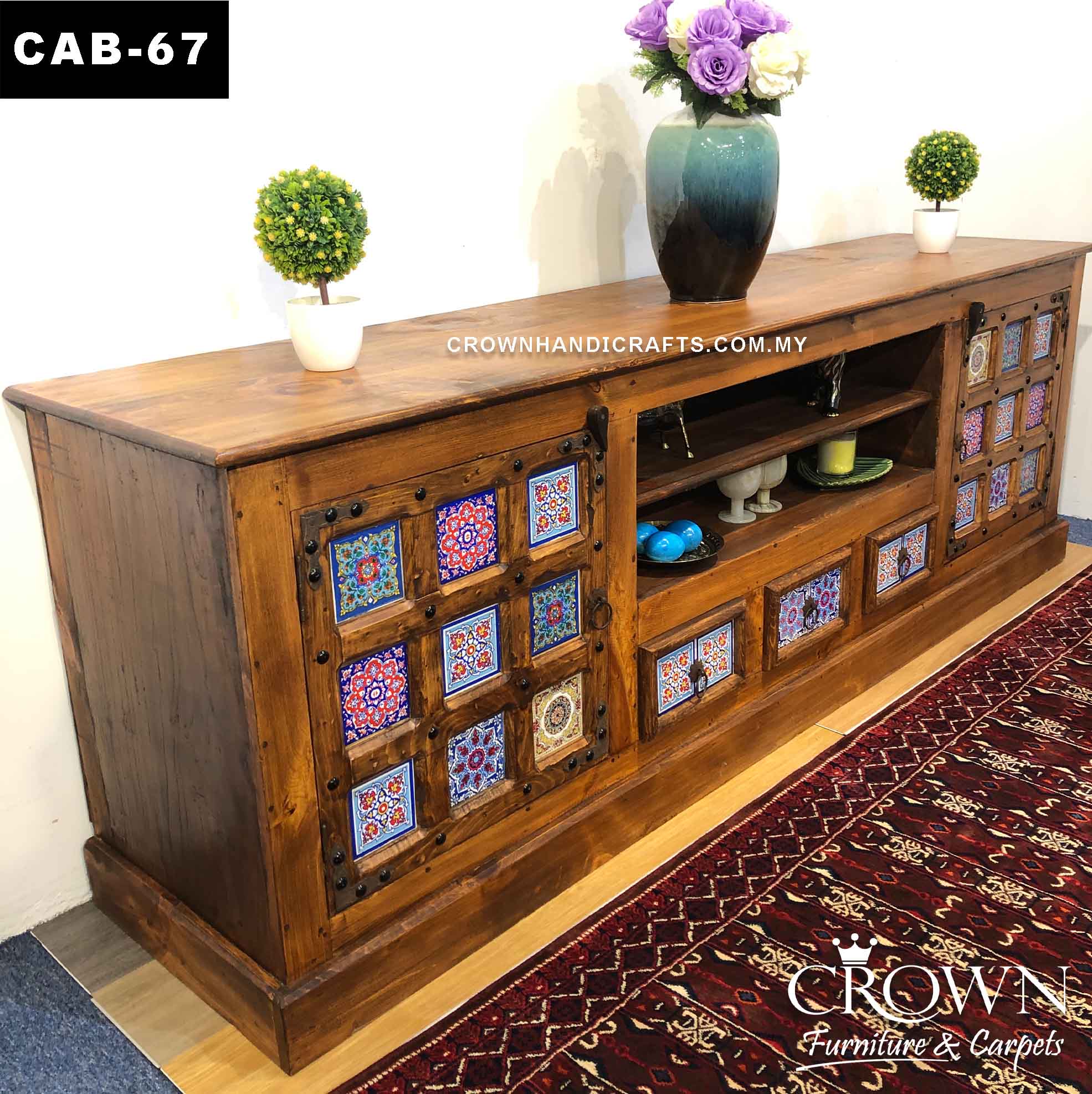Rustic Bold Accent TV Cabinet, Bohemian Fusion Art Solid Wood Furniture in Malaysia | CAB-67 (L87.5 W19.5 H30 Inches)