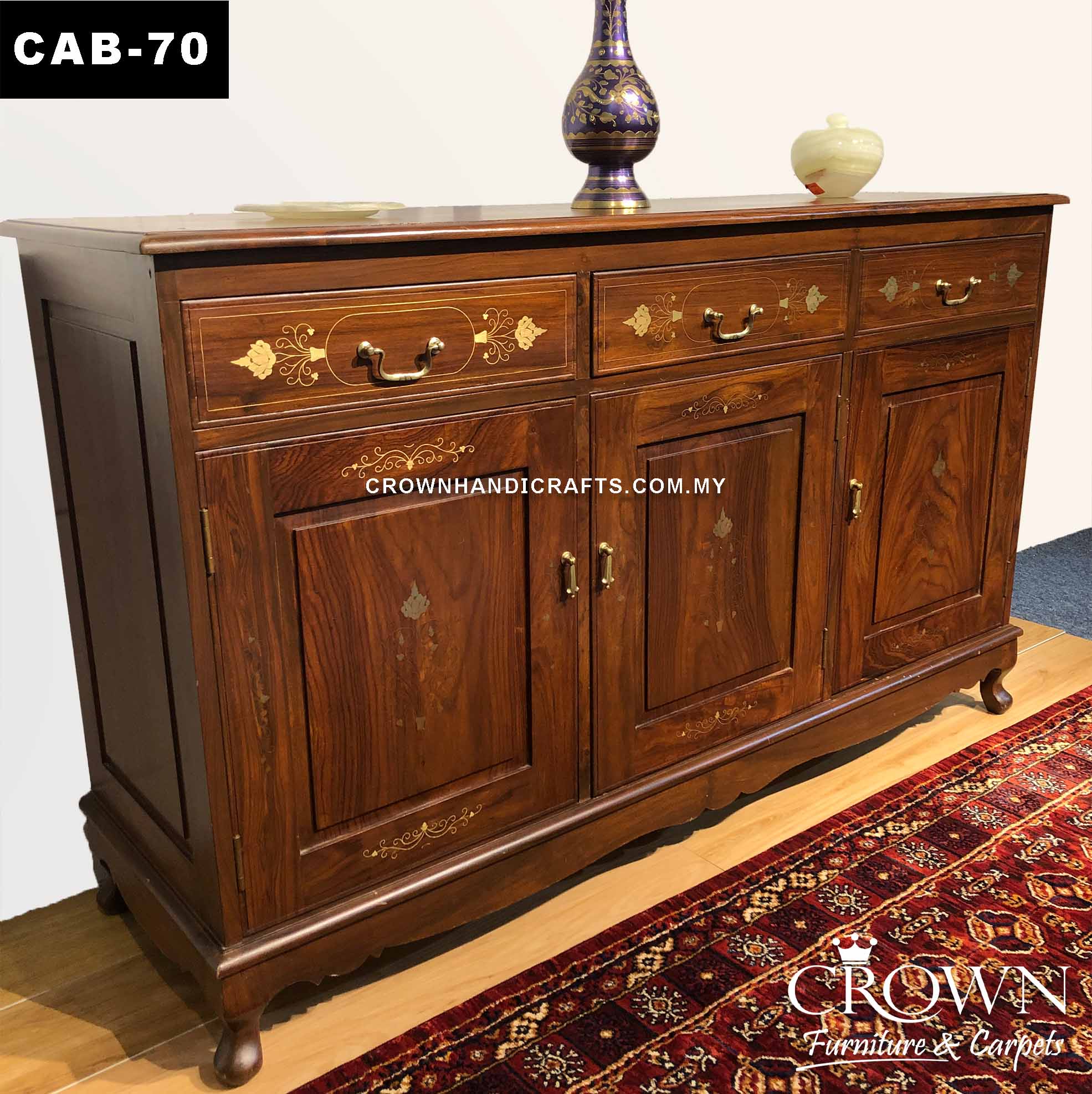 Beautiful Sideboard Cabinet Brass In-laid by Artisan, Spacious and Essential Living Room Teak Wood Furniture in Malaysia | CAB-70 (L60 W18 H36 Inches)