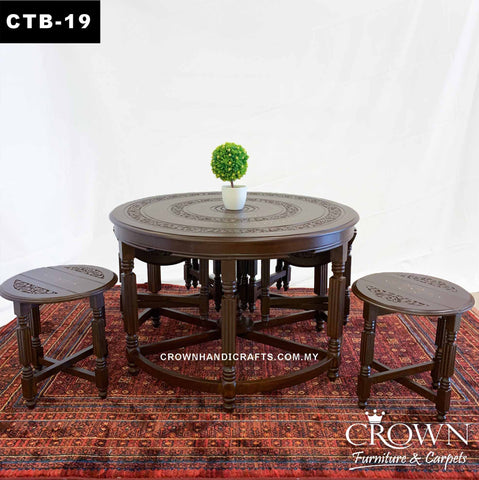Round Japanese Style 6-stool Slot in out Coffee Table, Perfect for Multiple usage in Living Room, Solid Wood Table, Accent with Hand Carving and Brass inlay | CTB-19 (D37 H24 Inches)