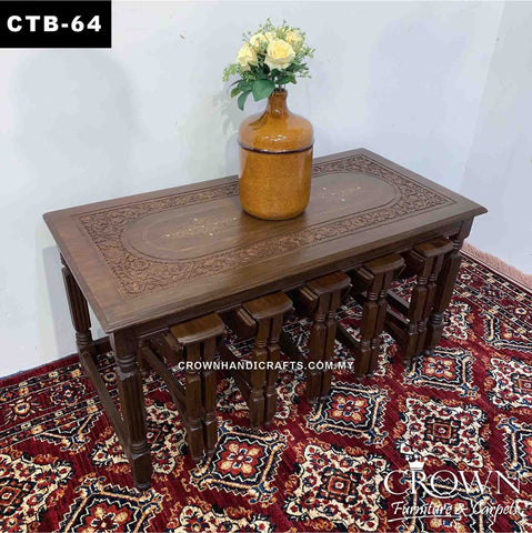 Amazing 5-stool Slot in out Style Coffee Table, Perfect for Multiple usage in Living Room, Solid Wood Table, Accent with Hand Carving and Brass inlay | CTB-64 (L40 W20 H21 Inches)