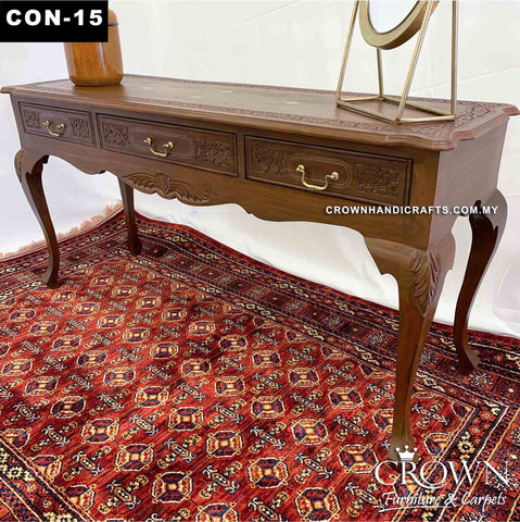 Beautiful Long Console Table th Hand Carving and Brass Inlay | Victorian Style Legs alonng with 3 drawers | CON-15 (L60 W19 H30 Inches)