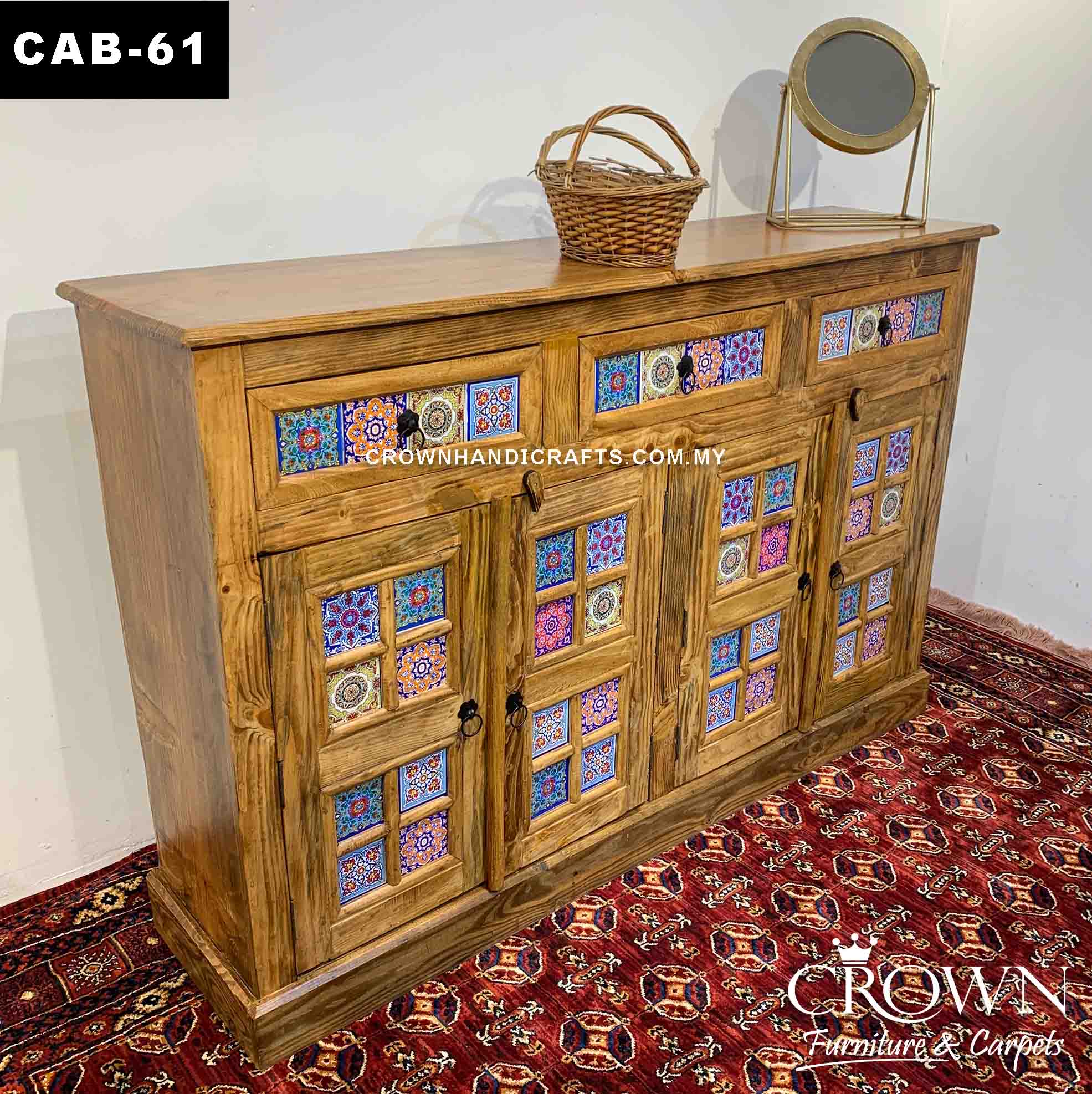 High Sideboard Cabinet Credenza Boho Color Accent Painted by Artisans | Living Room Wooden Furniture in Malaysia | CAB-61 (L69 W17 H47 Inches)