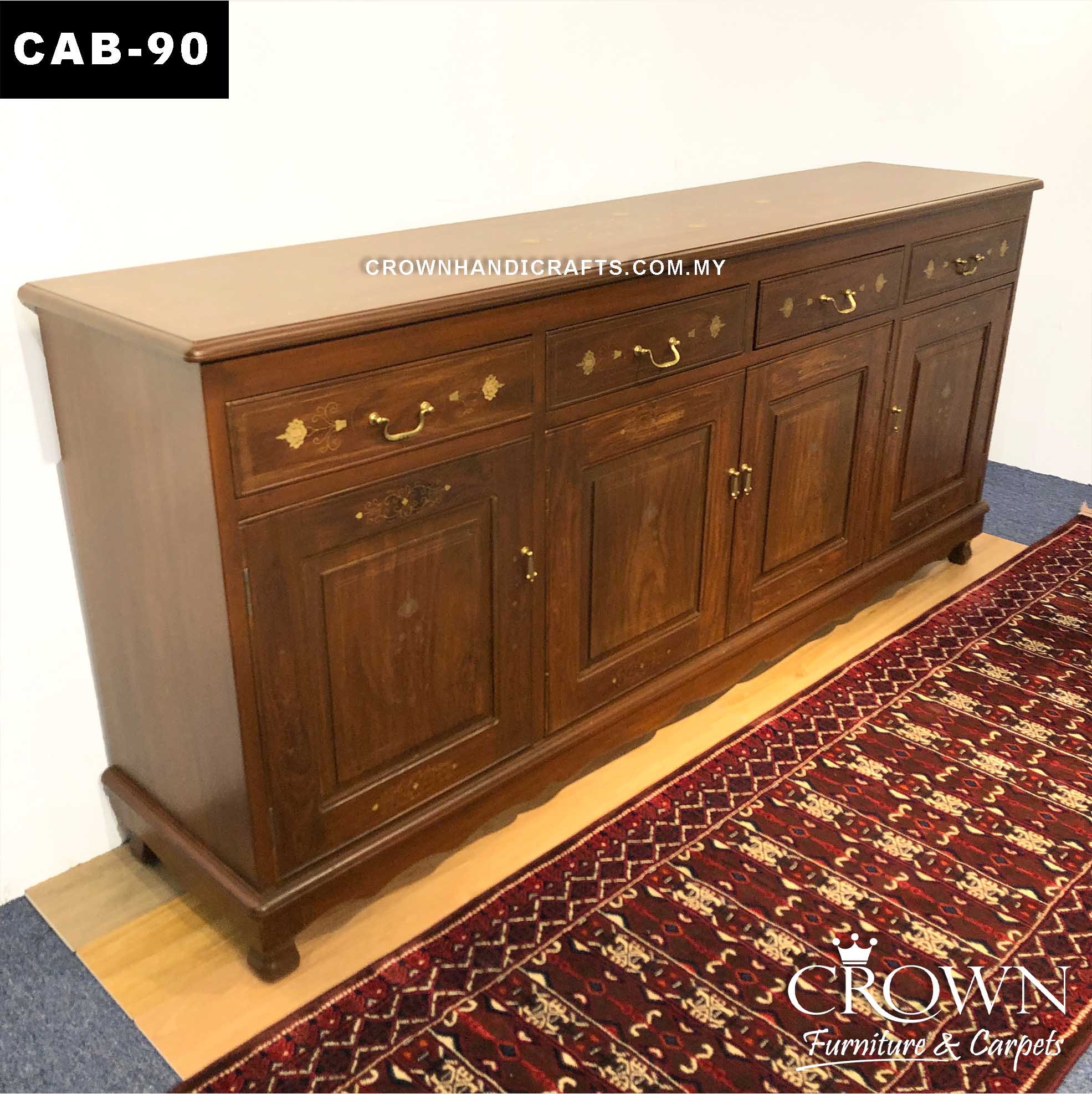Solid Wood Sideboard Cabinet Hand Carved and Brass In-laid by Artisan, Esssential Furniture for Living Room Teak Wood Furniture in Malaysia | CAB-90 (L84 W18 H37 Inches)