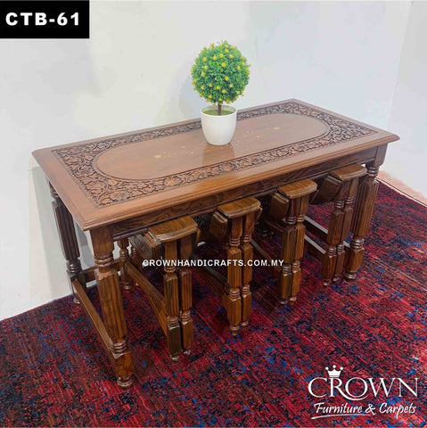 Amazing 4-stool Slot in out Style Coffee Table, Perfect for Multiple usage in Living Room, Solid Wood Table, Accent with Hand Carving and Brass inlay | CTB-61 (L36 W18 H21 Inches)