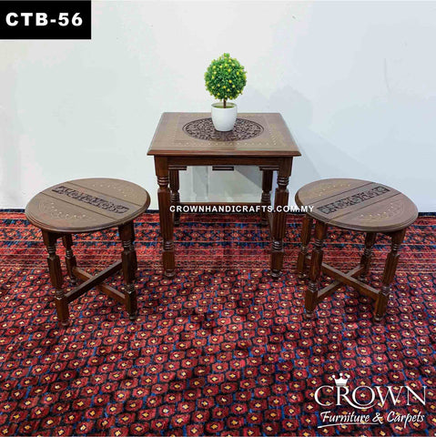 Amazing 2-stool Slot in out Style Side Coffee Table, Perfect for Multiple usage in Living Room, Solid Wood Table, Accent with Hand Carving and Brass inlay | CTB-56 (L20 W20 H21 Inches)