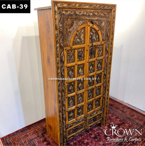 Almirah Cabinet Antique Indian Palace Haveli Style Door Accent Metal Ornament, Solid Wood Vintage Furniture Shop in Malaysia | CAB-39 (L36 W18 H72 Inches)