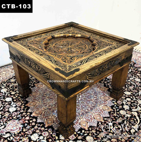 Side Table Antique Style, Hand Carved and Accent Metal Corners, Solid Wood Table | CTB-103 (L24.5 W24.5 H17.5 Inches)