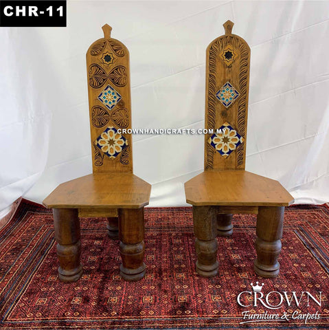 A Pair of Tri-Chairs with a Crown| Blend of Artistic Hand Carving and Vibrant Hand Painting for an Eclectic Charm | Perfect for Living Room Decor | CHR-11 (L22 W19 H48 Inches)