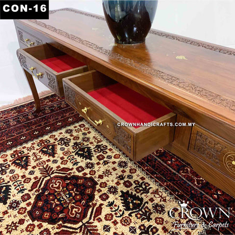 Victorian Style Long Console Table and Sofa Table, Featured with Hand Carving and Brass Inlay | Solid Wood Entrance Console Table in Malaysia | CON-16 (L78 W18 H30 Inches)