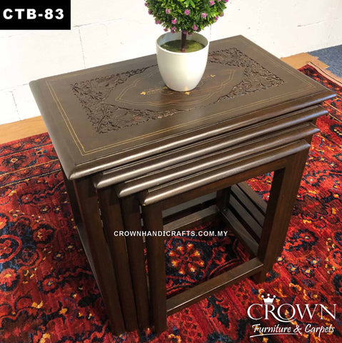 Nest of 4 Tables Slot into each other to become individual side table, Perfect for Multiple Usage for your Living Room, Accent with Brass Inlay and Hand Carving | CTB-83 (L21 W15 H21 Inches)