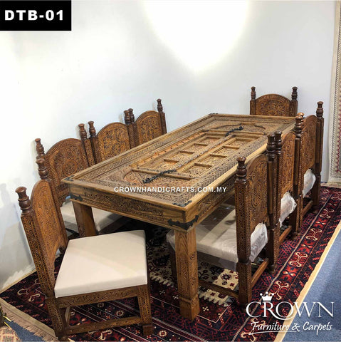 Dining Table Antique Indian Haveli Palace Door Design, Featured with Hand Carving and Metal Latch Accent | Solid Wood Dining Table accommodates 6 to 8 chairs | DTB-01 (L84 W48 H30 Inches)