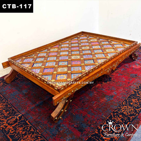 Low Height Indian Coffee Table, Boho theme Hand Painted Tiles along with Brass Ornament Accent Solid Wood Coffee Table for Living Room | CTB-117 (L59 W35 H11.2 Inches)