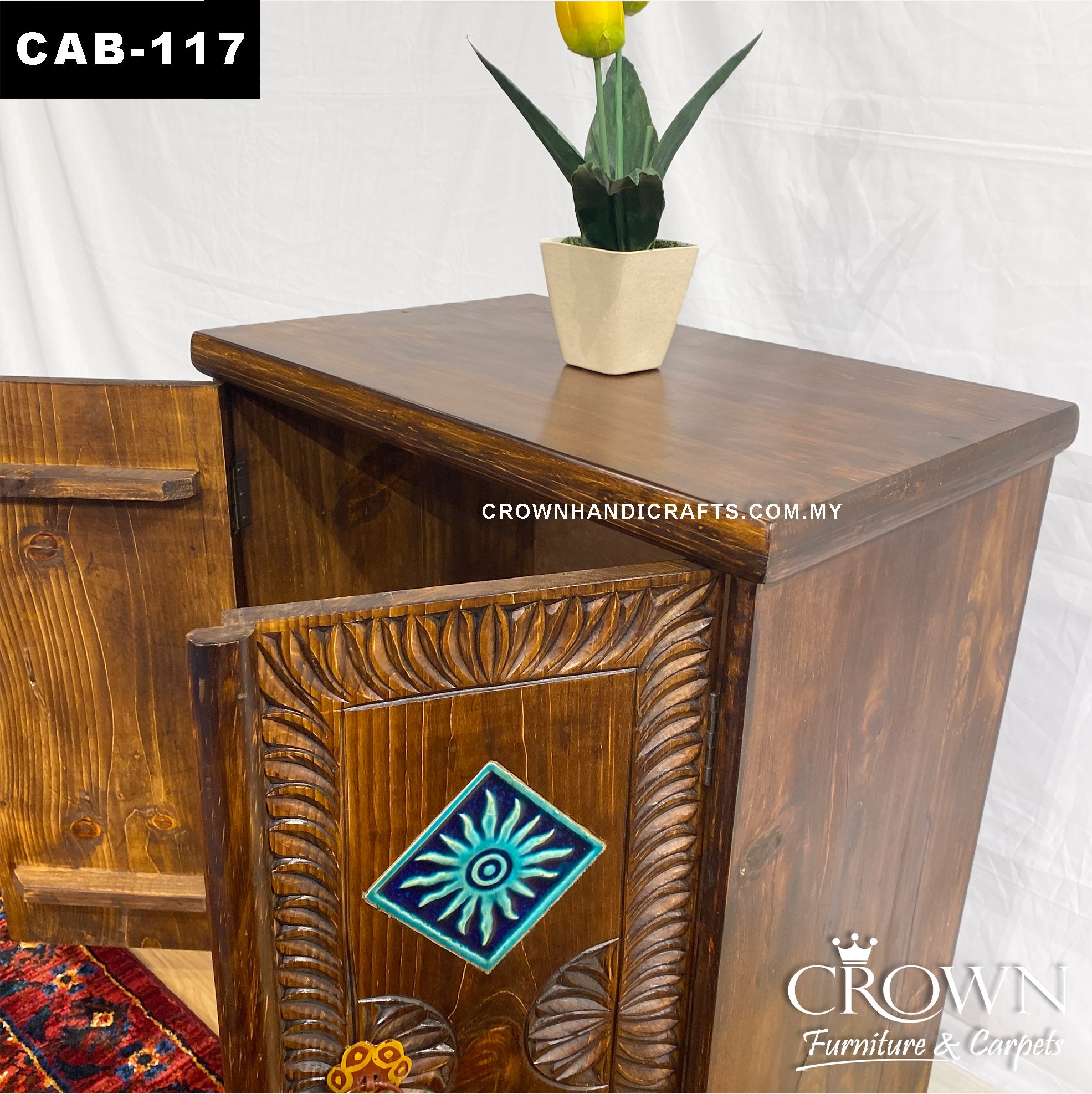 Solid Wood Cabinet-Moroccan Accent Style with 2 Door Hand Carved | CAB-117 (L24 W15.8 H30 Inches)