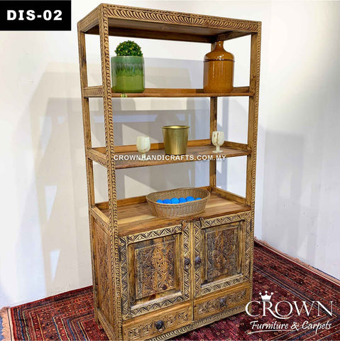 Vintage Style Aesthetic Display Cabinet and Bookshelf with 2 doors and 2 drawers for extra storage | Hand Carved by Artisan | DIS-02 (L36 W18 H72 Inches)