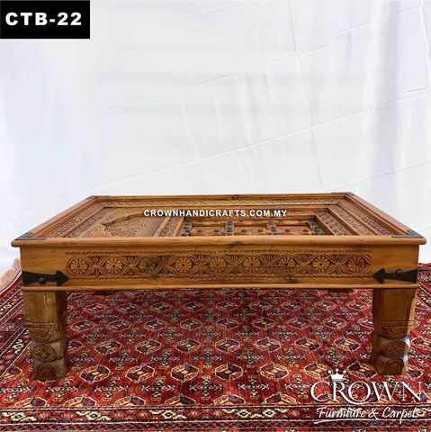 Antique Indian Haveli Door Style Coffee Table Solid Wood, Featured with Hand Carving and Brass Metal Ornaments | CTB-22 (L48 W32 H18 Inches)