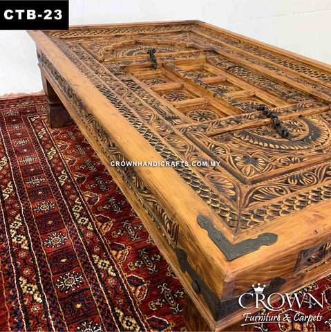 Coffee Table Antique Indian Palace Door Style Solid Teak Wood, Featured with Hand Carving and Brass Metal Ornaments | CTB-23 (L60 W36 H18 Inches)