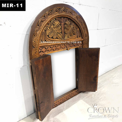 Palace-Inspired Wall Decor, Intricately Carved Indian Door with Metal Knobs and Hidden Mirror | MIR-11 (L29.5 W21 D3 Inches)